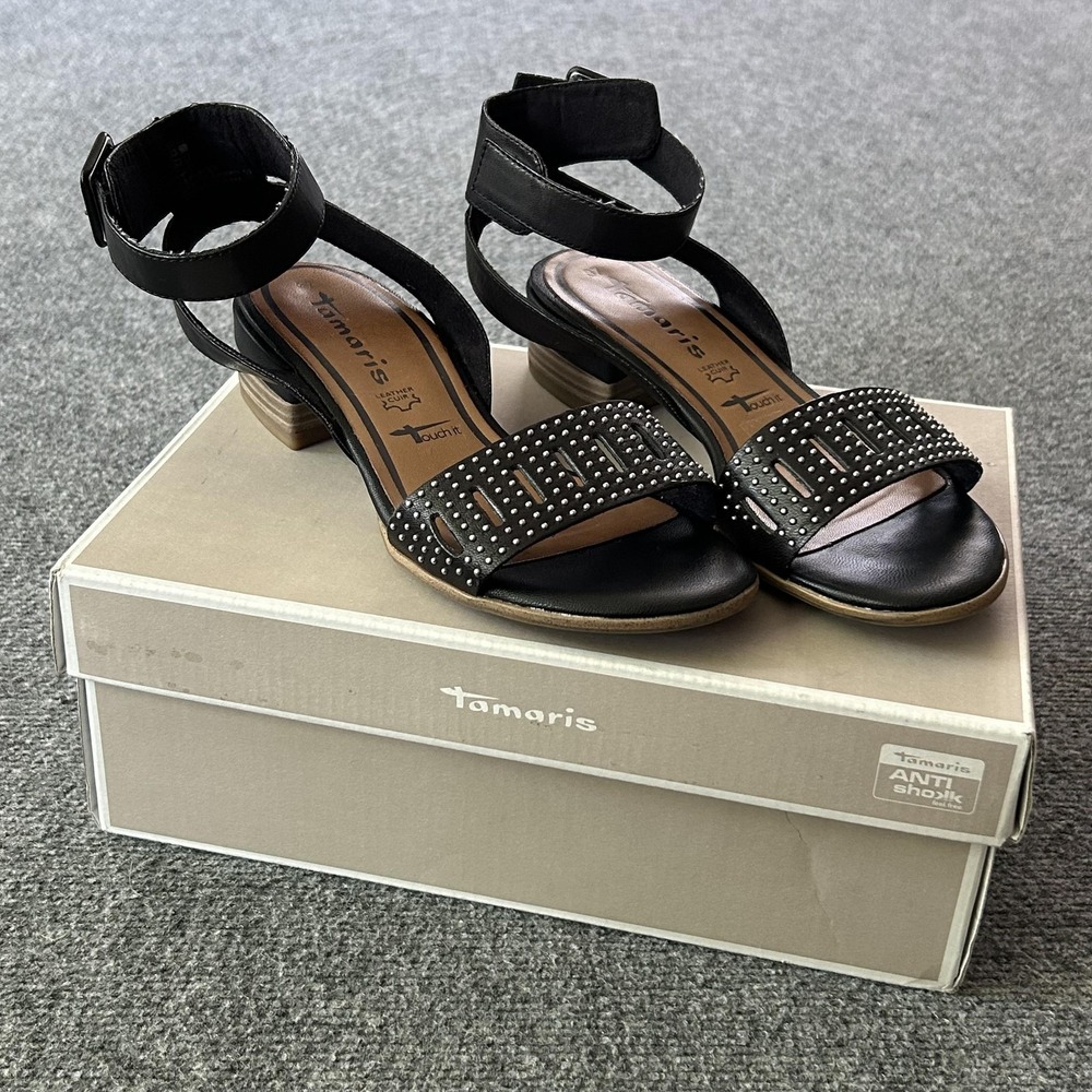 Tamaris Sandals Shoes Womens Size‎ 6.5 Black Leather Studded Ankle Strap Comfort